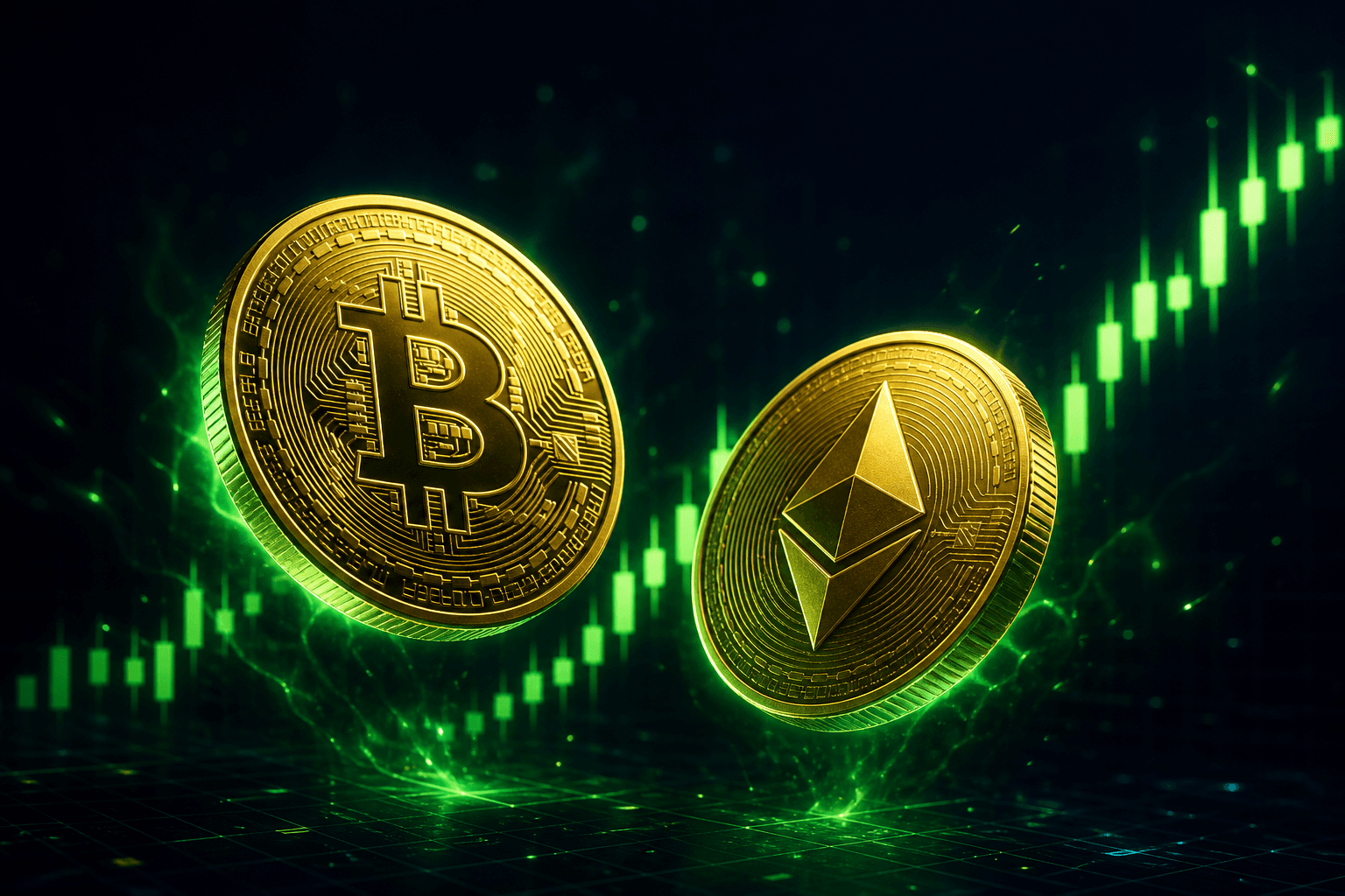 Golden Bitcoin and Ethereum coins with green candlestick chart