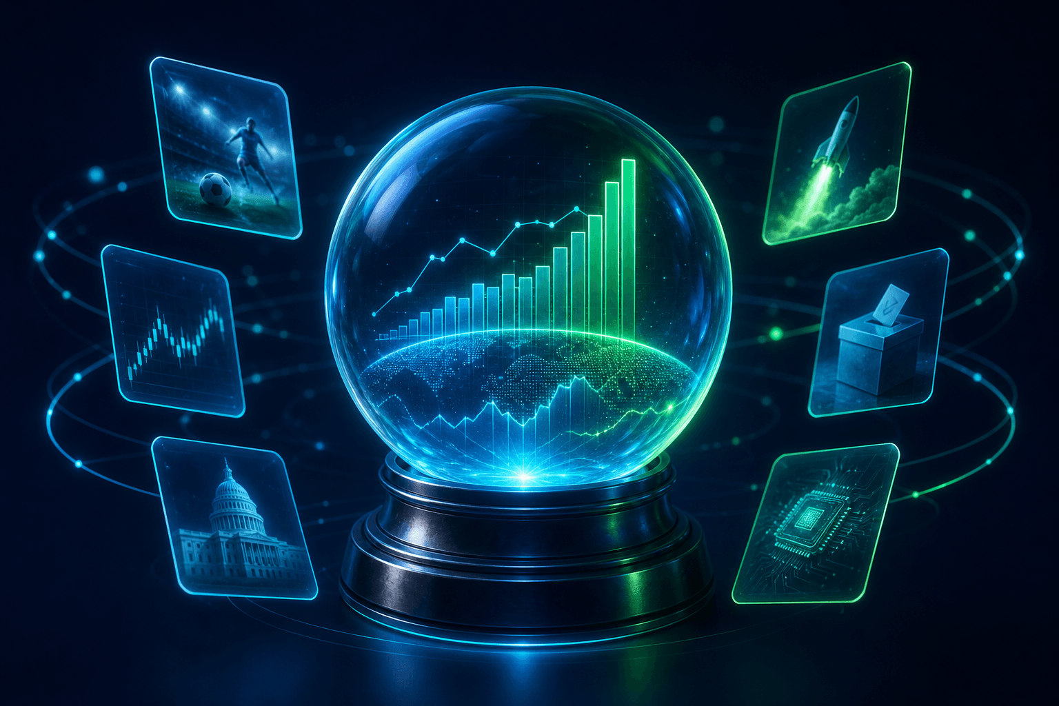 Crystal ball showing probability charts surrounded by event cards