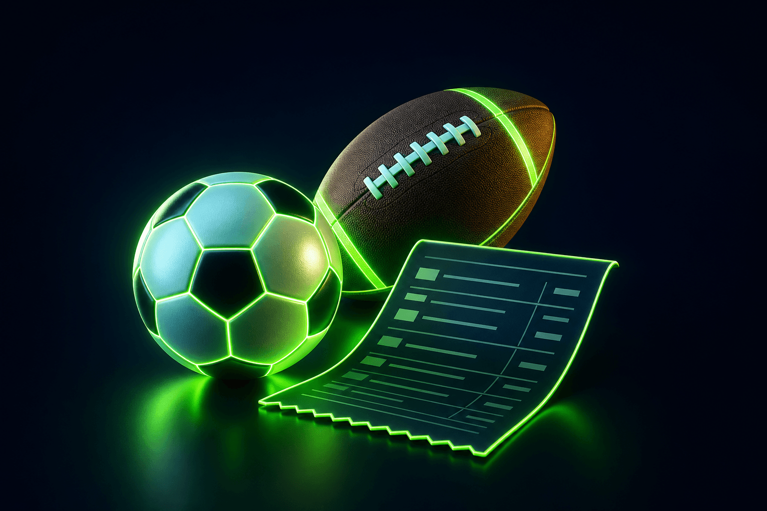 Glowing soccer ball, american football and betting slip