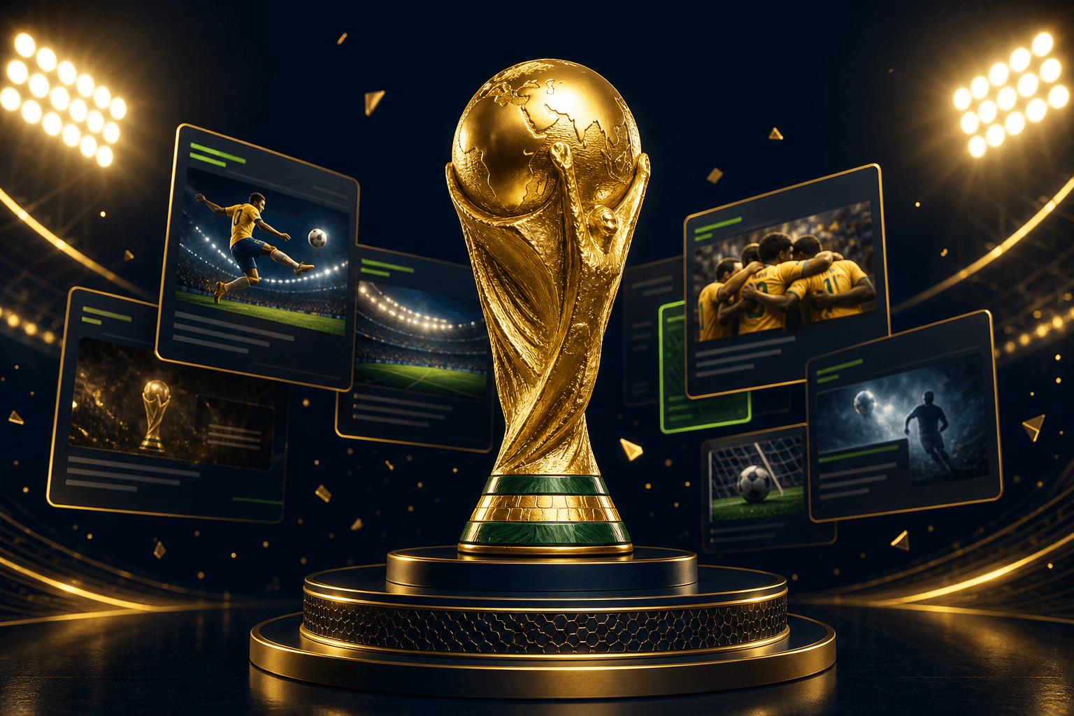 Golden World Cup trophy with stadium lights and news cards