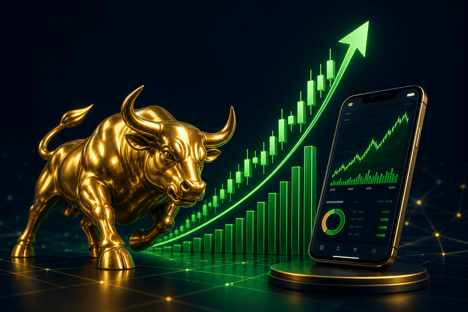 Golden bull with rising stock chart and trading app on smartphone