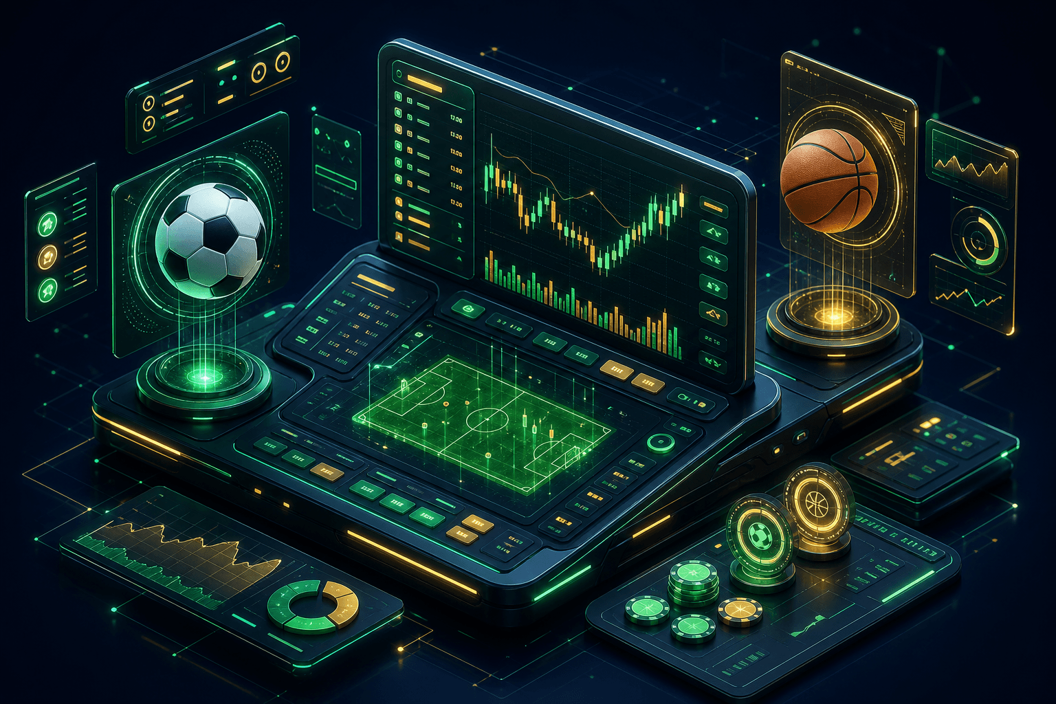 Futuristic sports betting and trading dashboard with odds, charts and sports balls