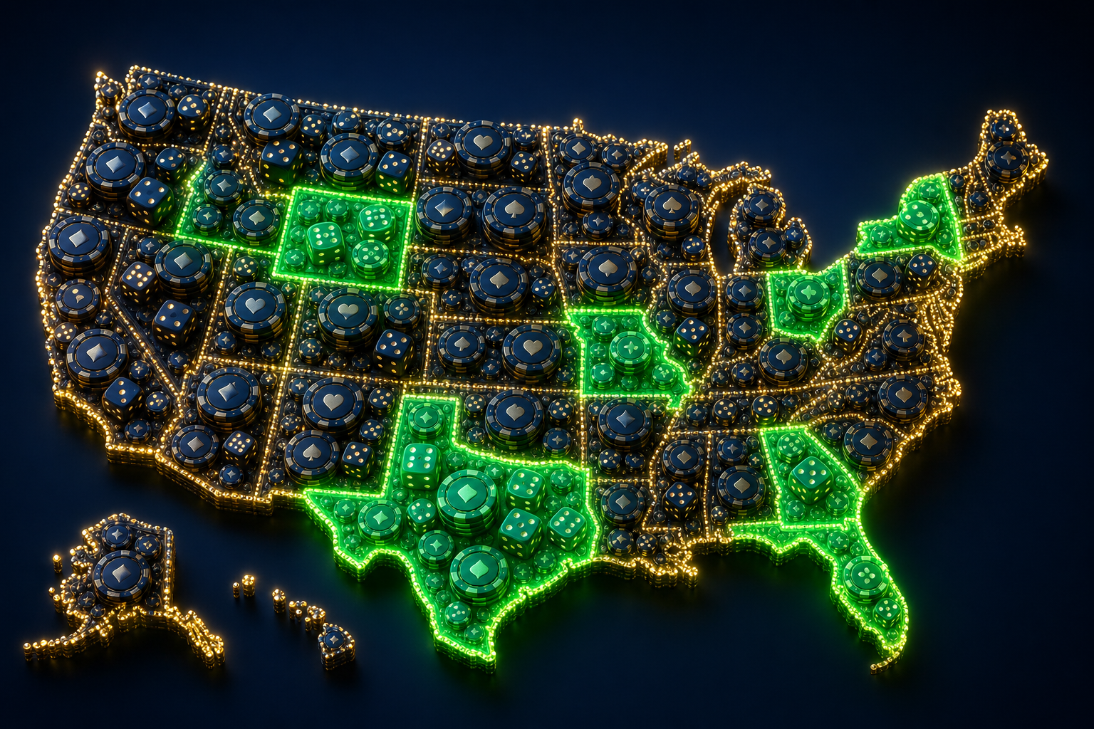 US map made of poker chips and dice with legal betting states glowing green
