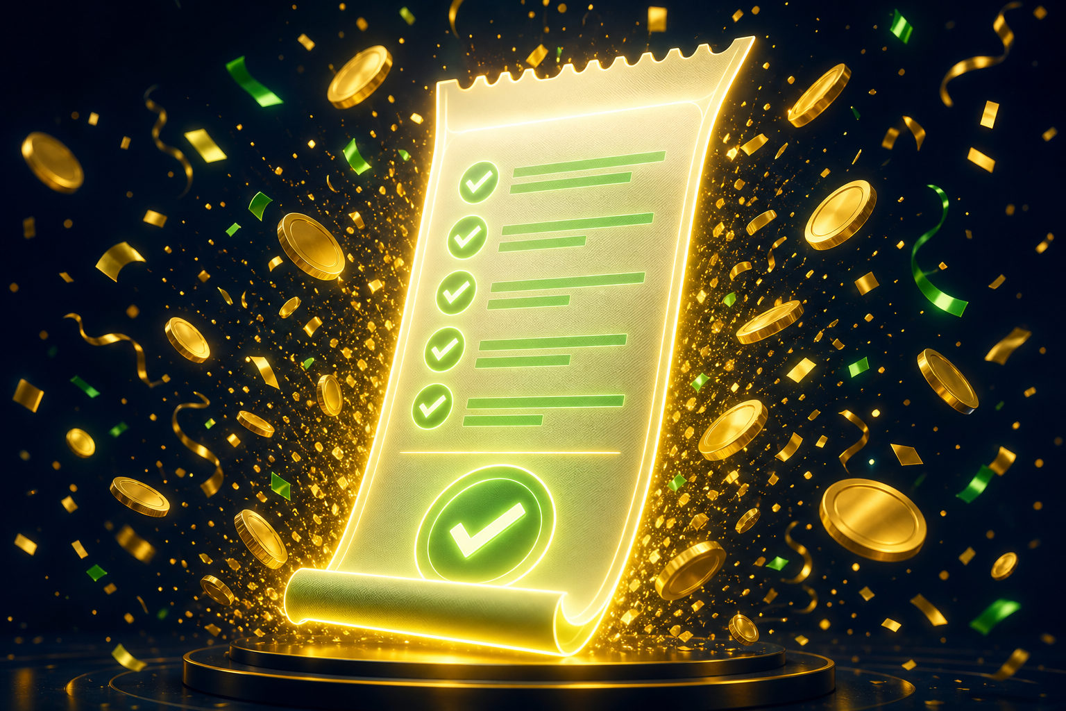 Glowing winning betting slip with gold coins exploding around it