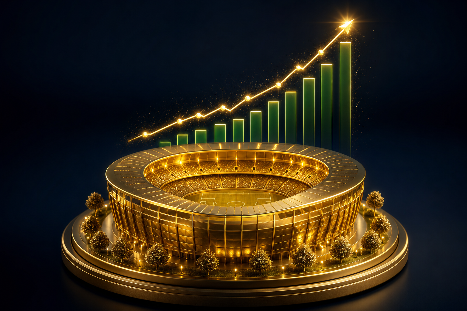 Golden stadium with rising valuation graph above it